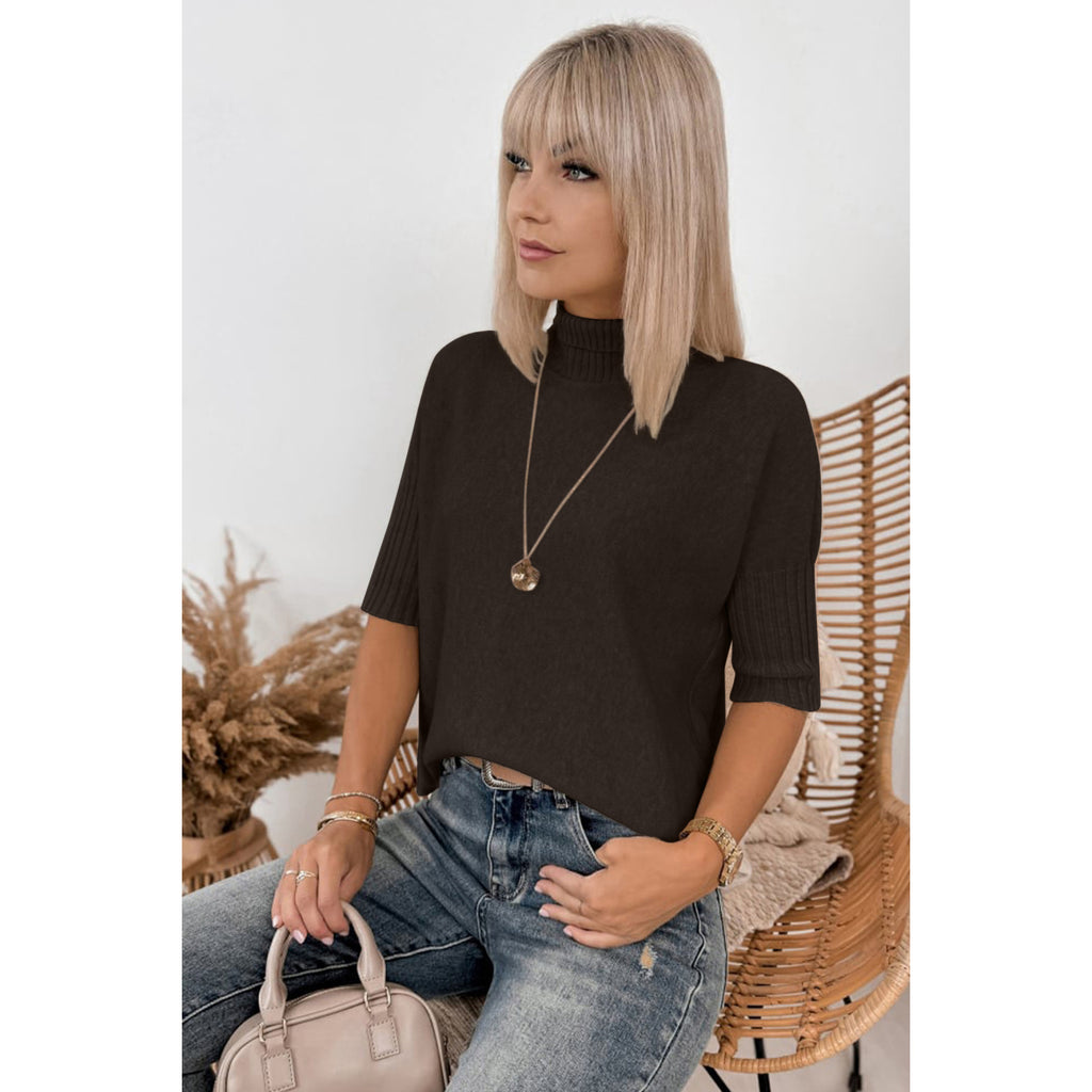 Dark Brown High-Neck Short-Sleeve Sweater in Dark Brown - seated fit view