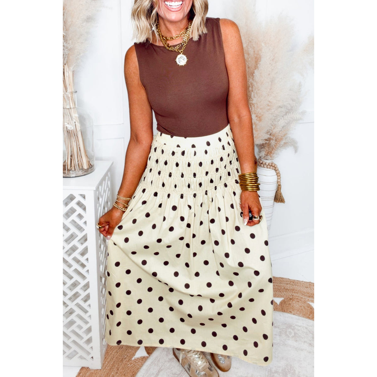 Beige Polka-Dot Smocked-Waist Long Skirt in Beige Stripe - on-model fit
