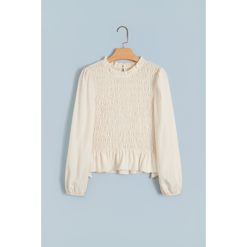 Ivory Smocked Blouse with Balloon Sleeves in Jet Stream - front view