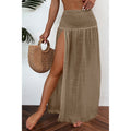 Pale Khaki Shirred-Waist Split Beach Skirt in Pale Khaki - front fit view