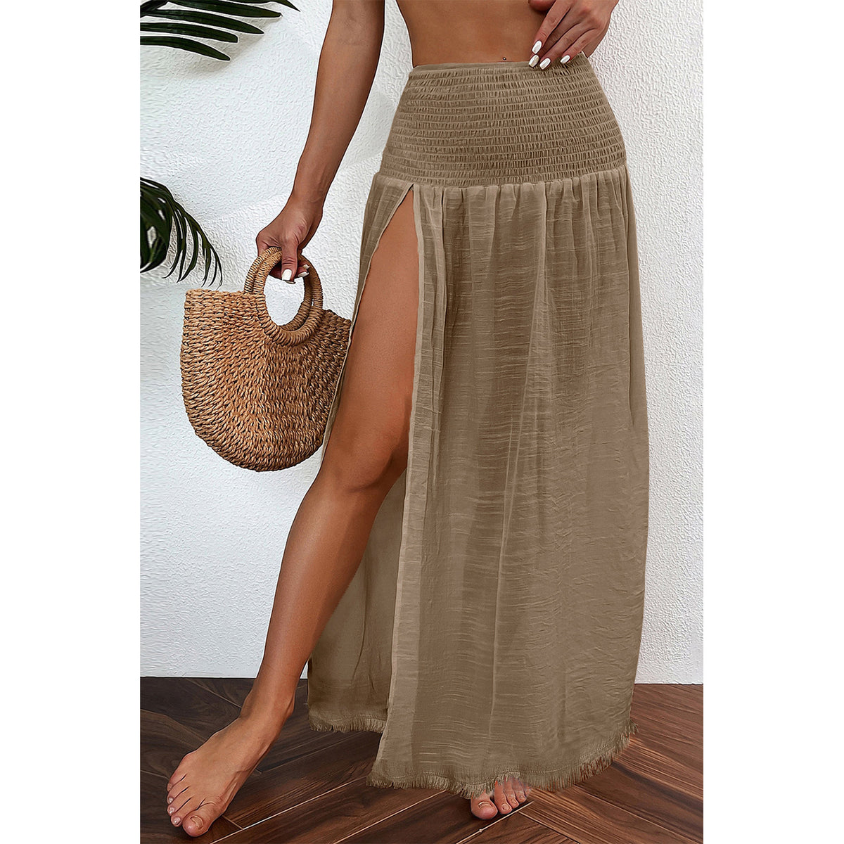 Pale Khaki Shirred-Waist Split Beach Skirt in Pale Khaki - front fit view