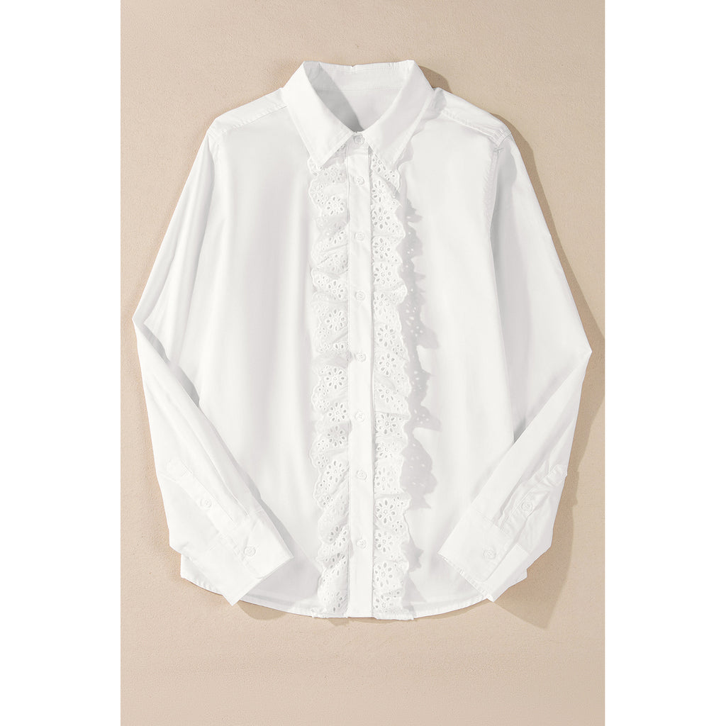 White Cotton Button Shirt with Crochet Lace Trim in White - front view