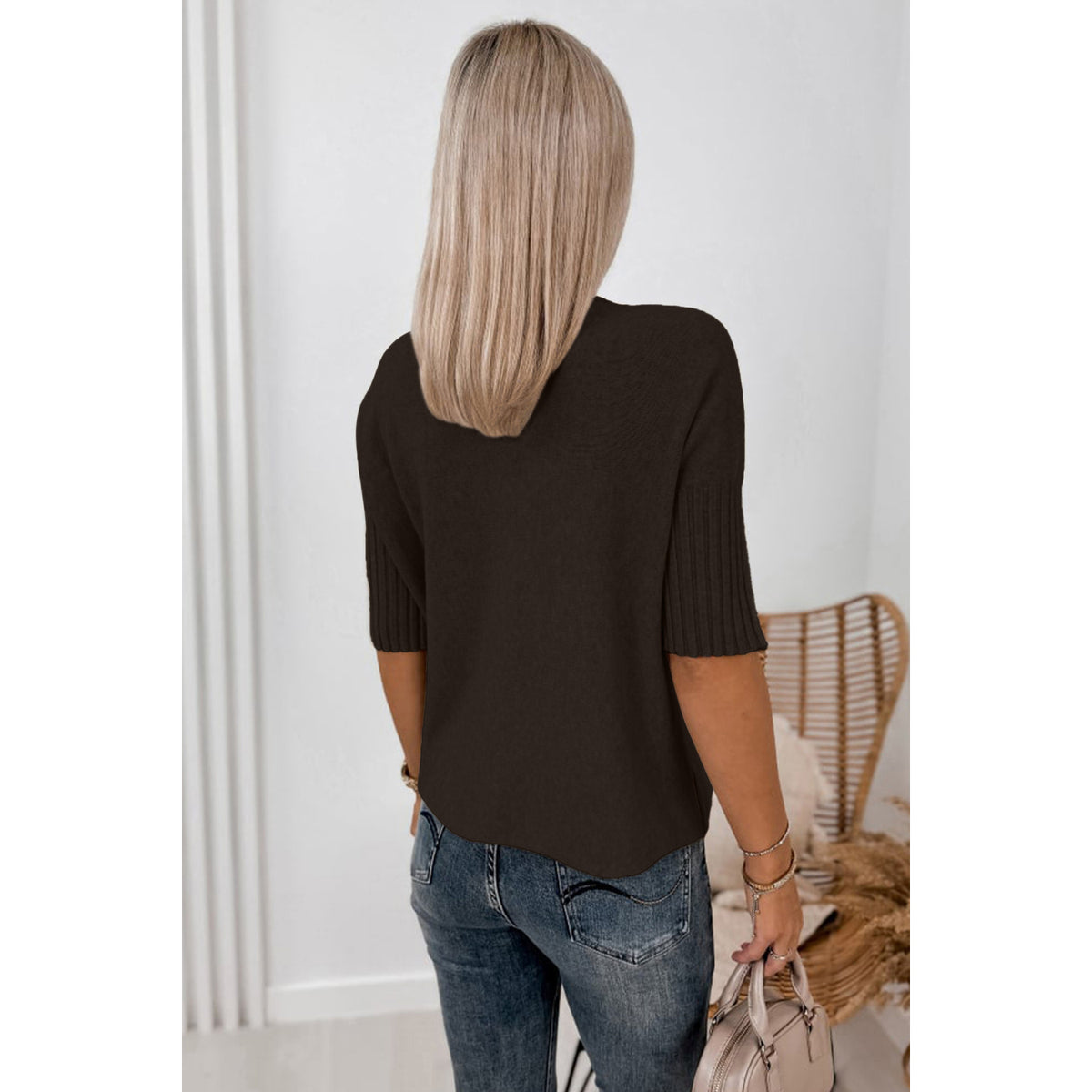 Dark Brown High-Neck Short-Sleeve Sweater in Dark Brown - back fit view