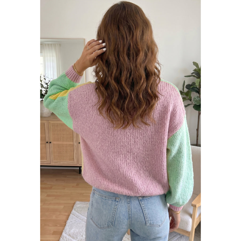 Pastel Patchwork V-Neck Knit Cardigan in Yellow - back fit view