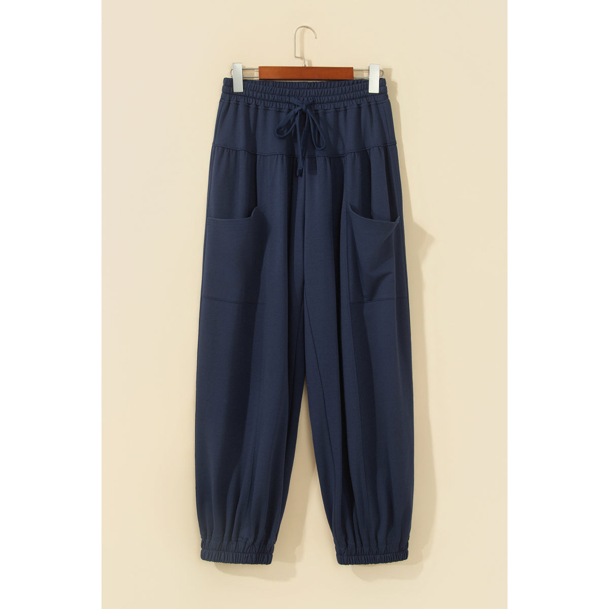 Deep Blue Drawstring Full-Length Casual Pants in Dirty blue - front view