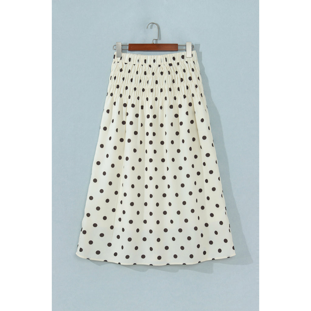 Beige Polka-Dot Smocked-Waist Long Skirt in Beige Stripe - back view