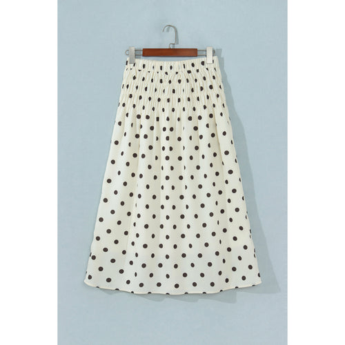 Beige Polka-Dot Smocked-Waist Long Skirt in Beige Stripe - back view