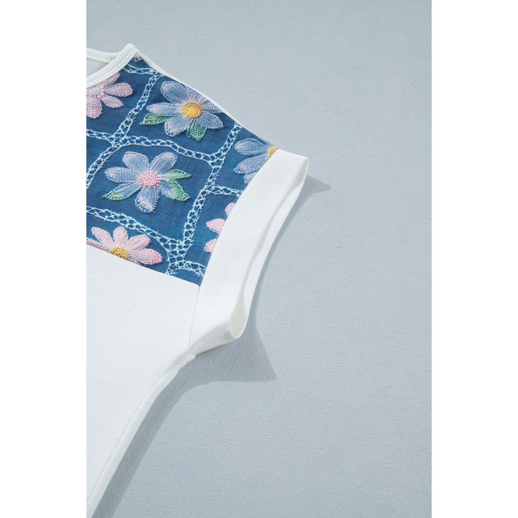 White Floral-Panel Short-Sleeve Blouse in White - sleeve panel detail