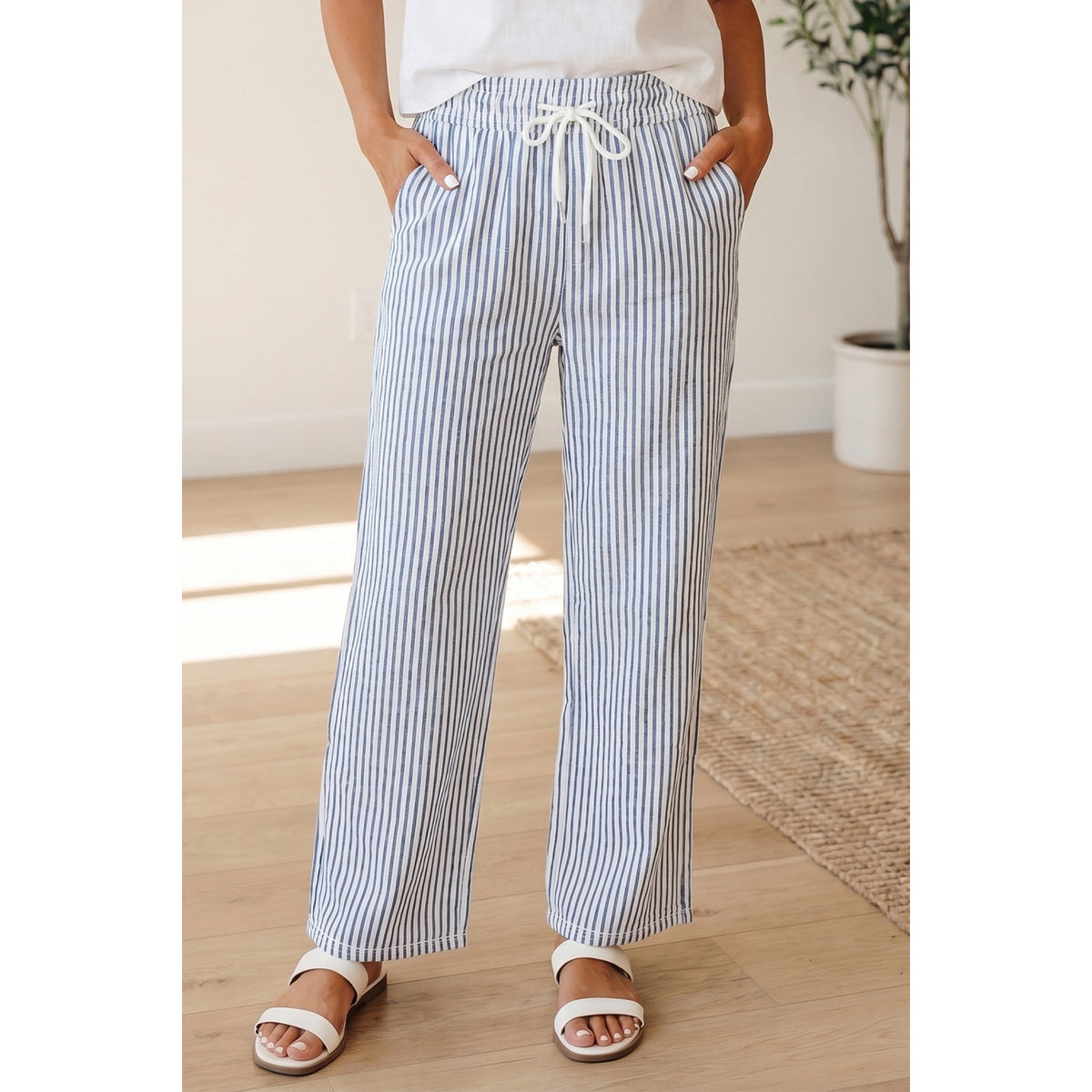 Blue Striped Drawstring Ankle Pants in Blue Stripe - on-model fit