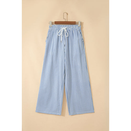 Blue Striped Drawstring Ankle Pants in Blue Stripe - front view