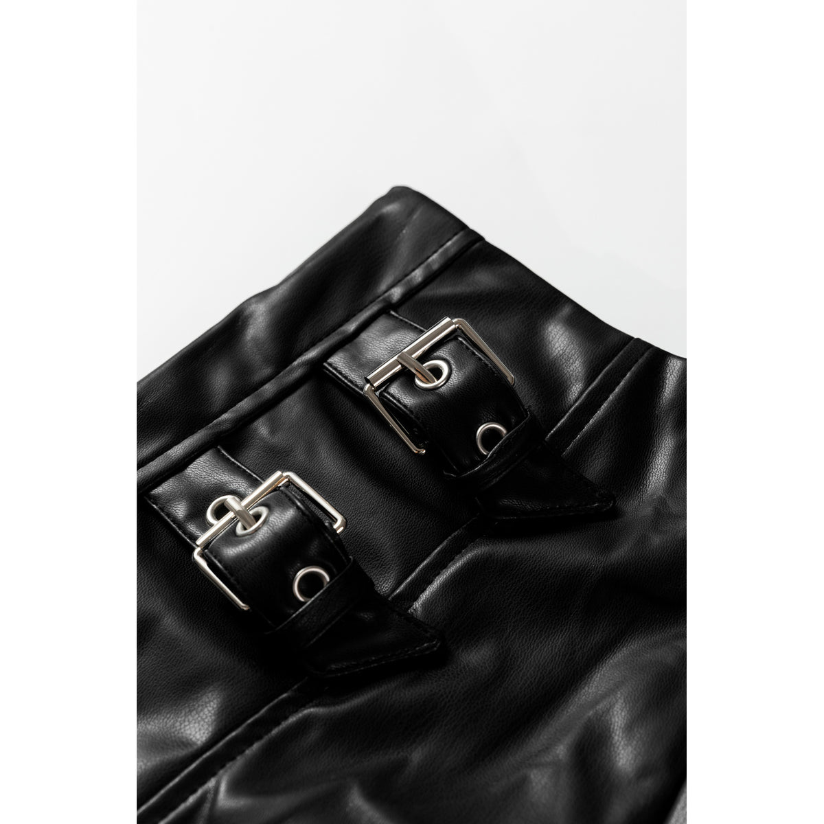 Black Faux-Leather Buckle Midi Skirt in Black - waist buckle detail