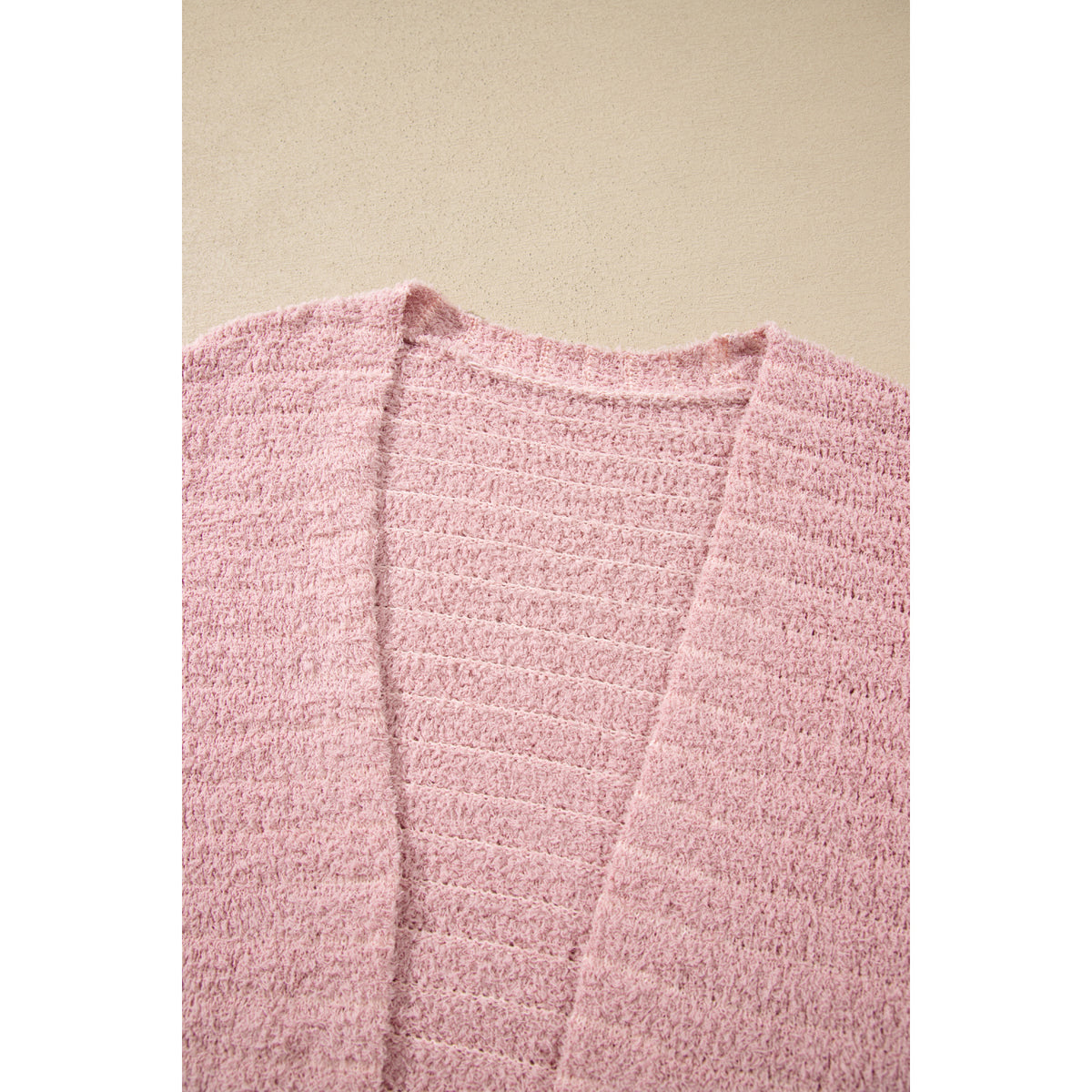 Light Pink Fuzzy Ribbed Open Cardigan in Light Pink - ribbed neckline detail