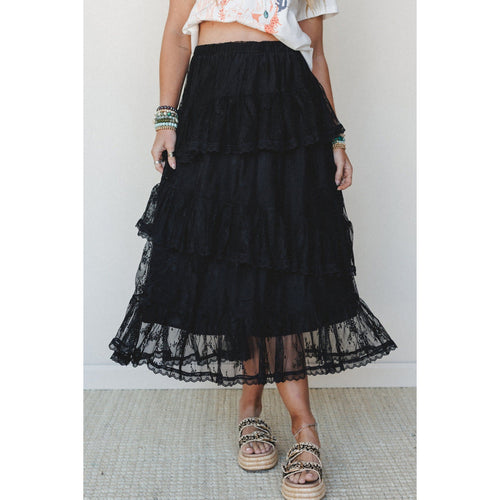 Black Tiered Lace Ruffle Skirt in Black - front fit view