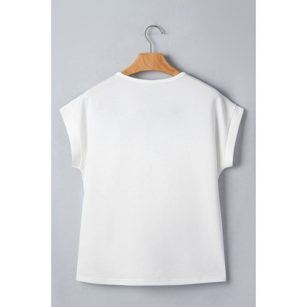 White Floral-Panel Short-Sleeve Blouse in White - back view
