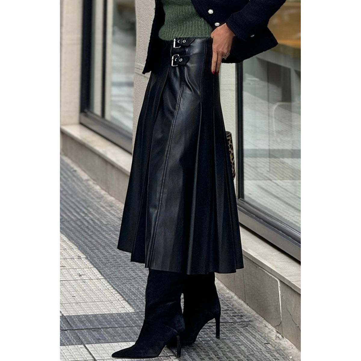 Black Faux-Leather Buckle Midi Skirt in Black - on-model fit