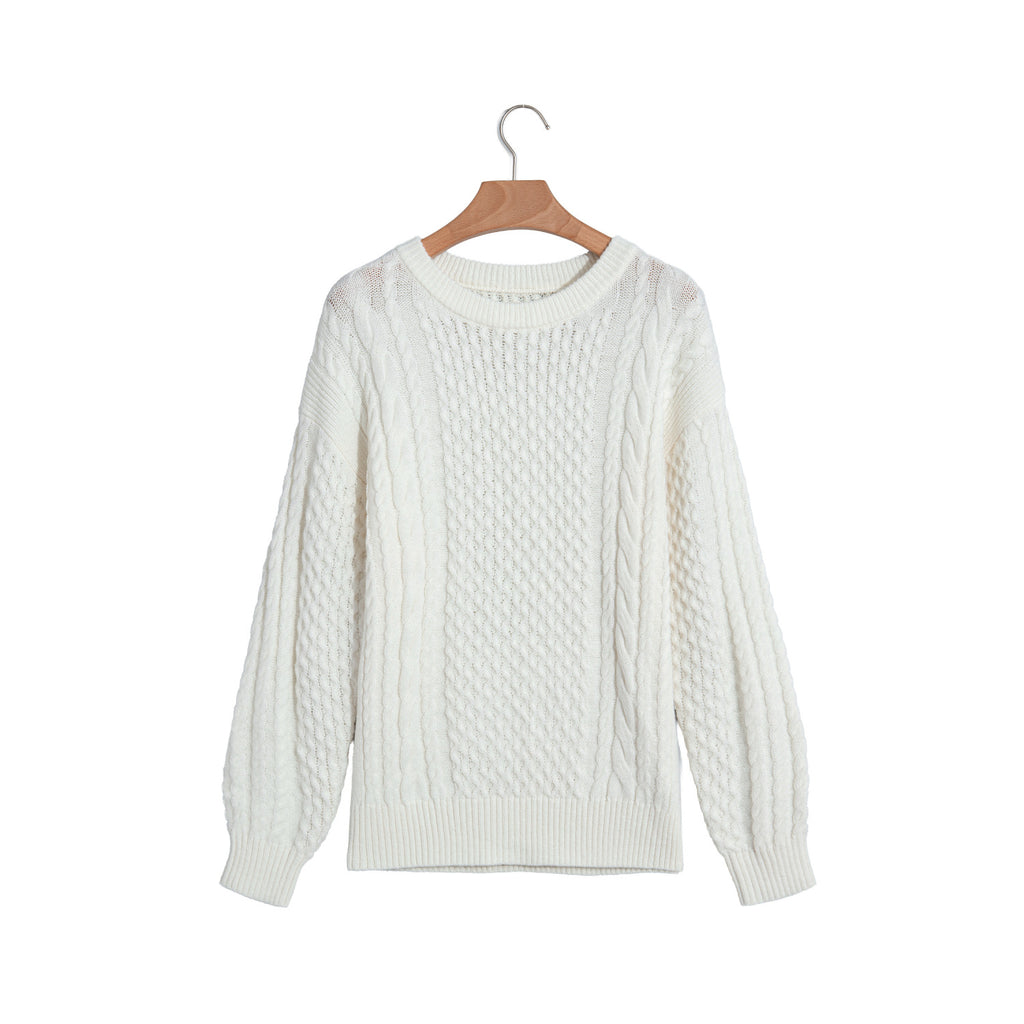 Beige Cable-Knit Crew-Neck Sweater in Beige - front view