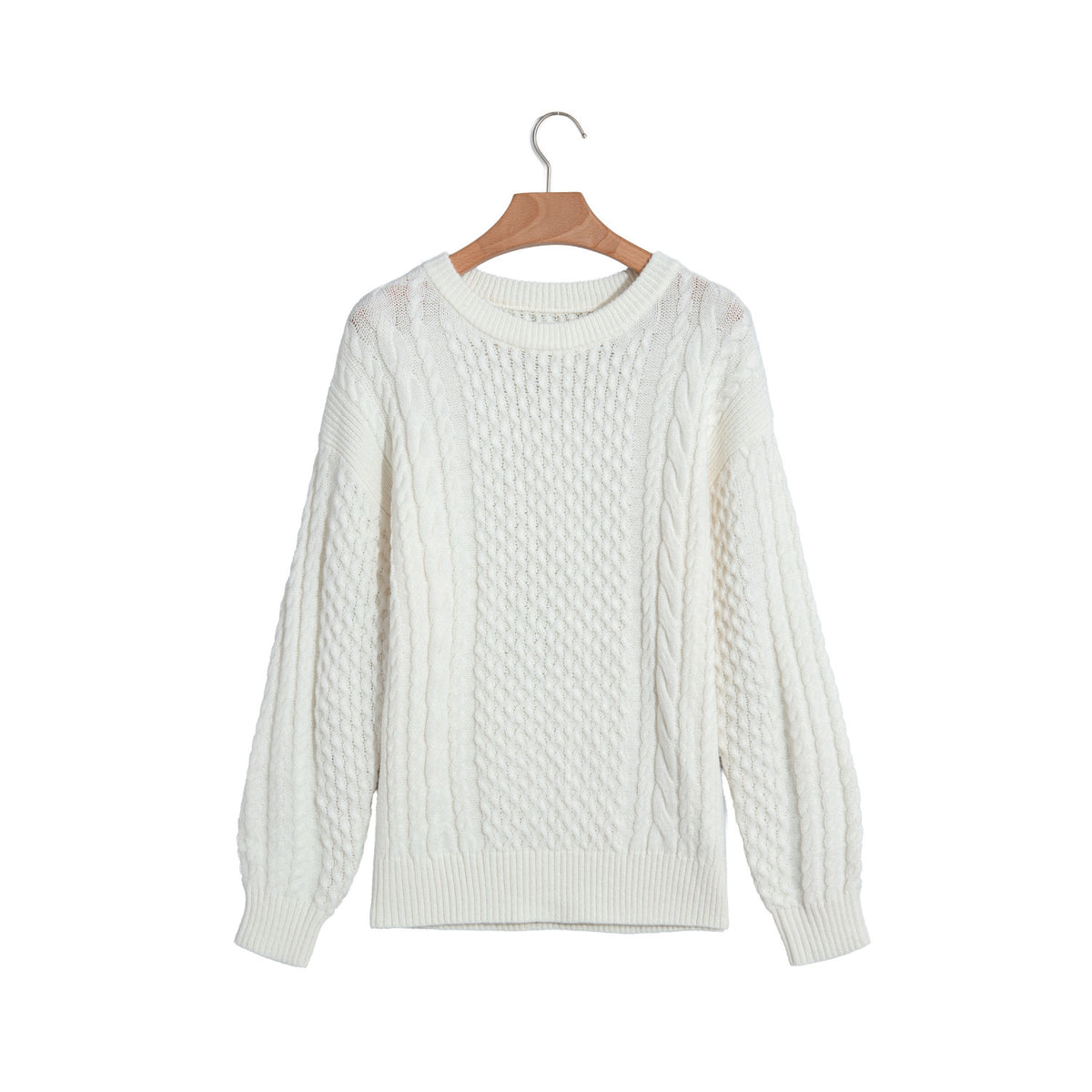 Beige Cable-Knit Crew-Neck Sweater in Beige - front view