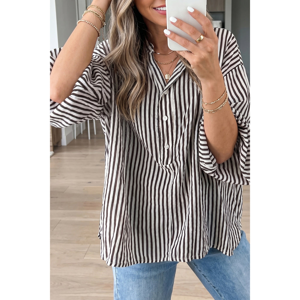 Black Striped Relaxed Half-Sleeve Shirt in Black Stripe - on-model fit