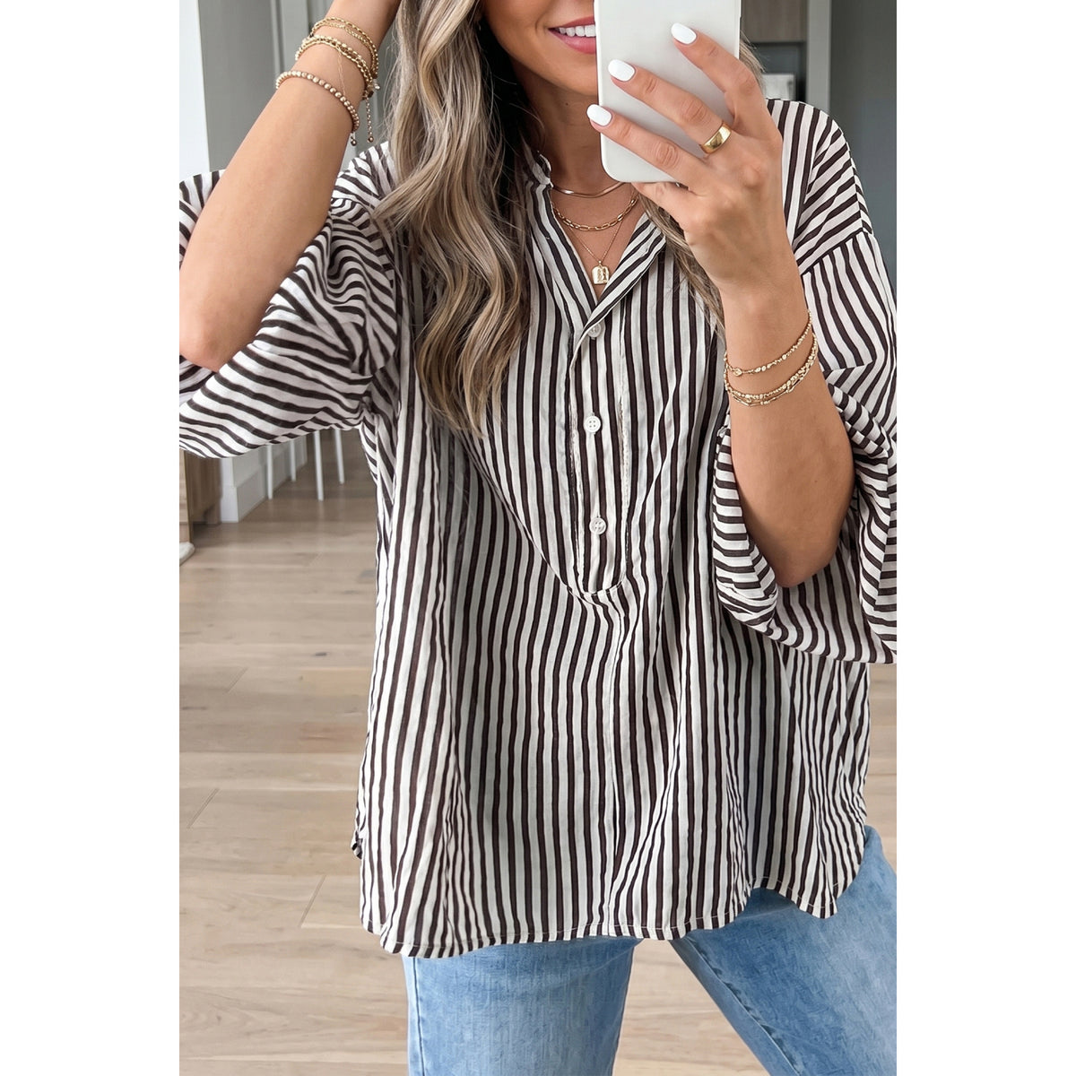 Black Striped Relaxed Half-Sleeve Shirt in Black Stripe - on-model fit
