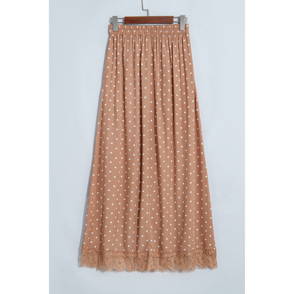Khaki Polka-Dot Long Skirt with Lace Hem in Khaki - back view