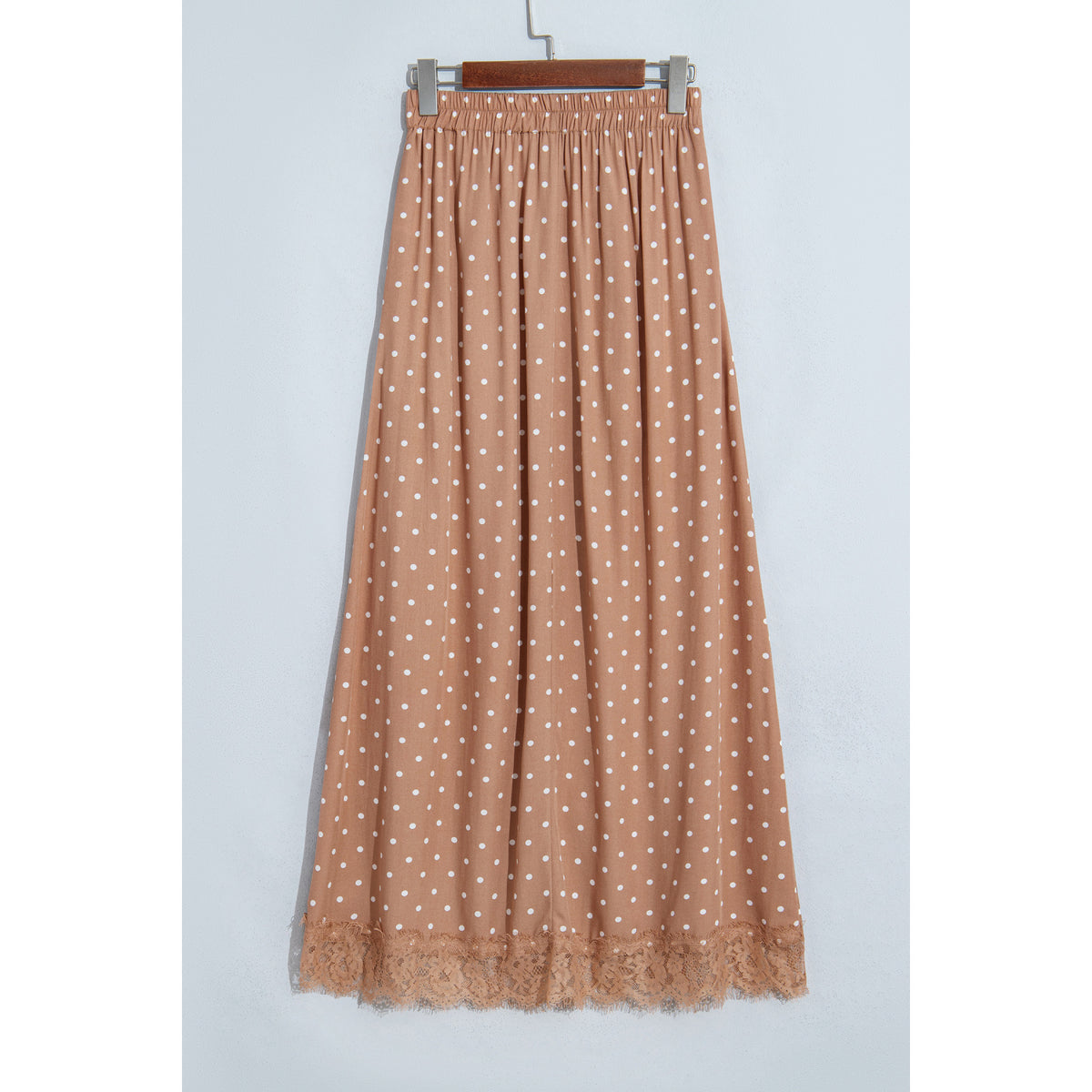 Khaki Polka-Dot Long Skirt with Lace Hem in Khaki - back view