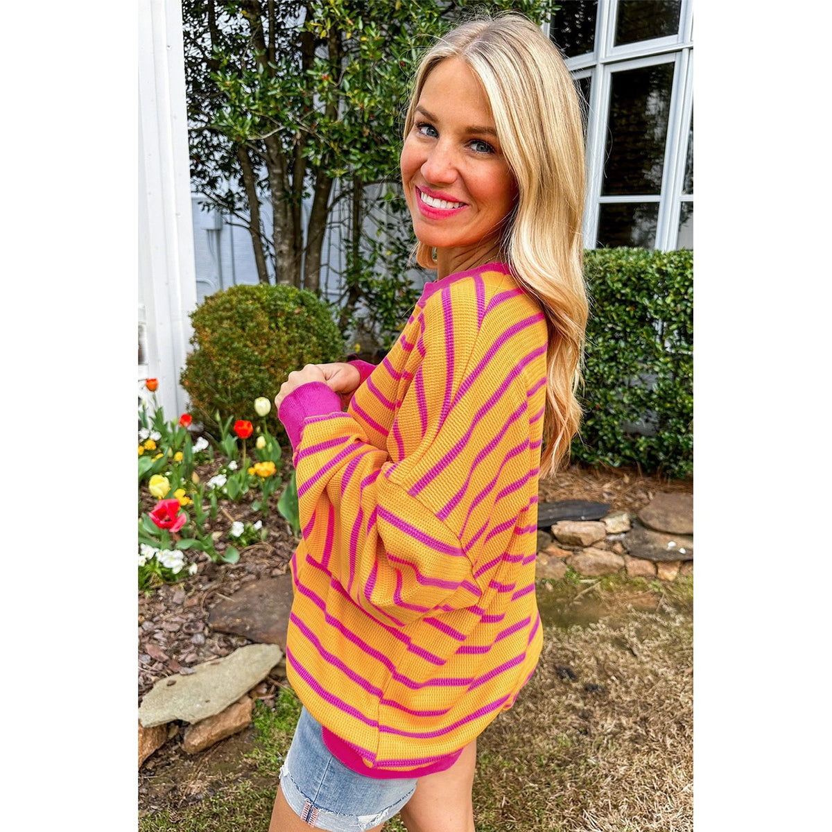 Orange and Rose Stripe Drop-Shoulder Sweater in Orange Stripe - back fit view