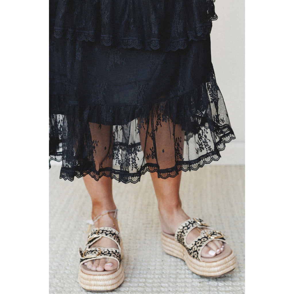 Black Tiered Lace Ruffle Skirt in Black - lace hem detail