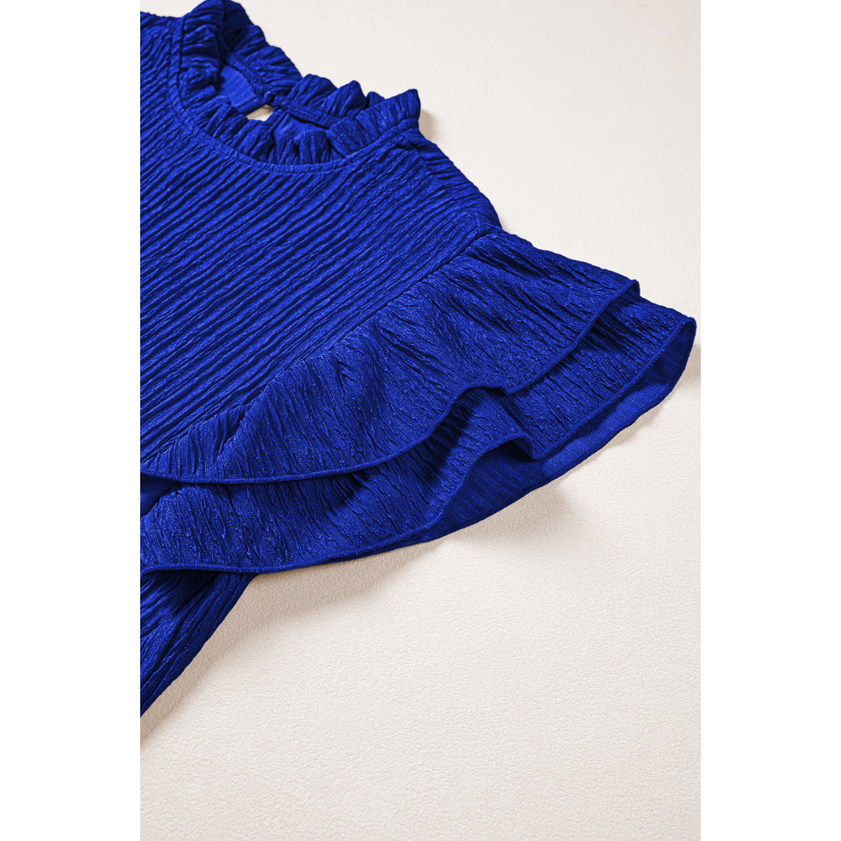Dark Blue Textured Blouse with Ruffle Sleeves in Dark Blue - ruffled sleeve detail