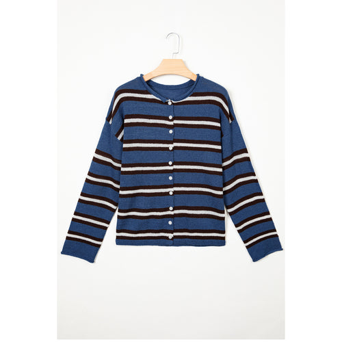 Blue Stripe Button-Front Knit Cardigan in Blue Stripe - front view