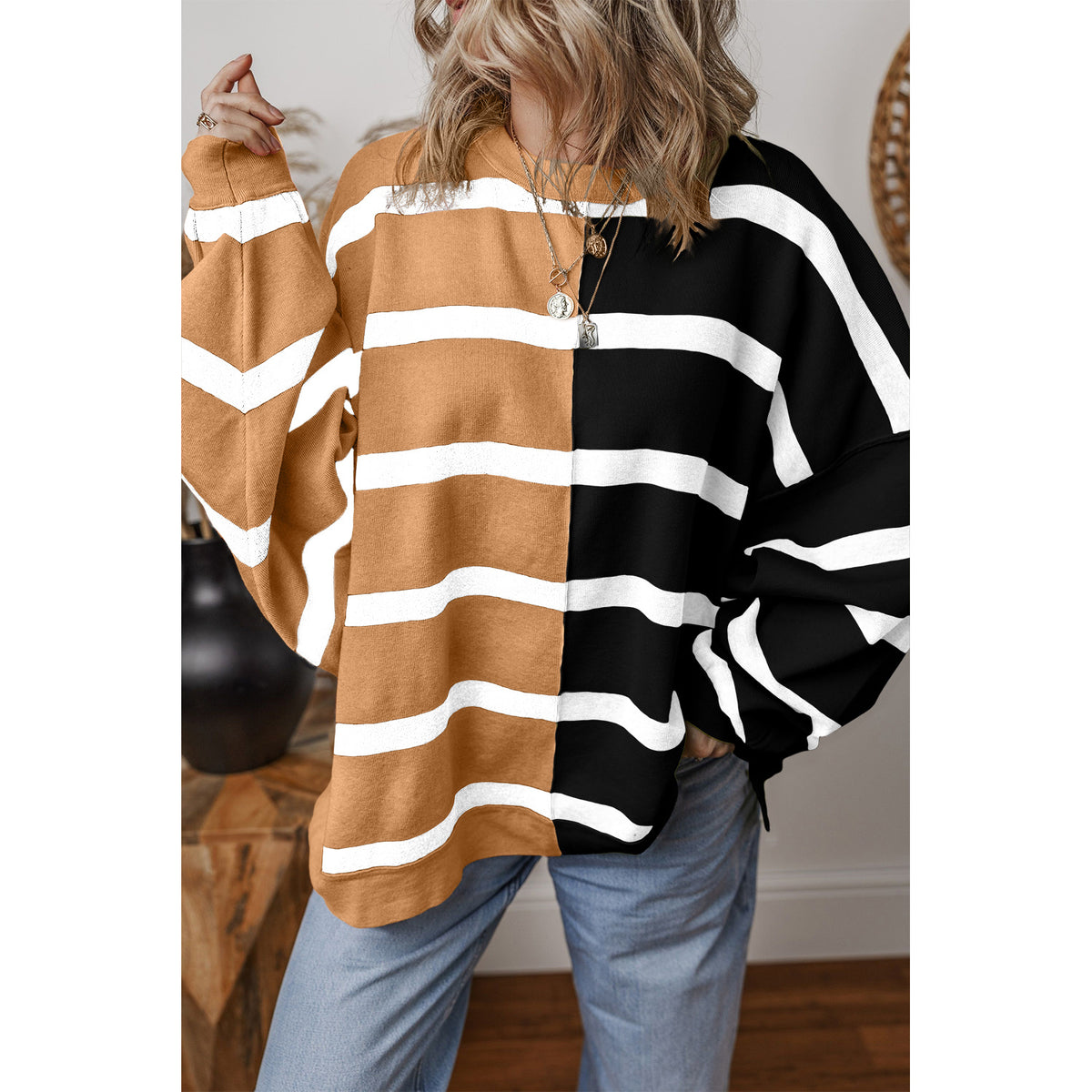 Beige and Black Colorblock Stripe Sweater in Light French Beige - on-model fit