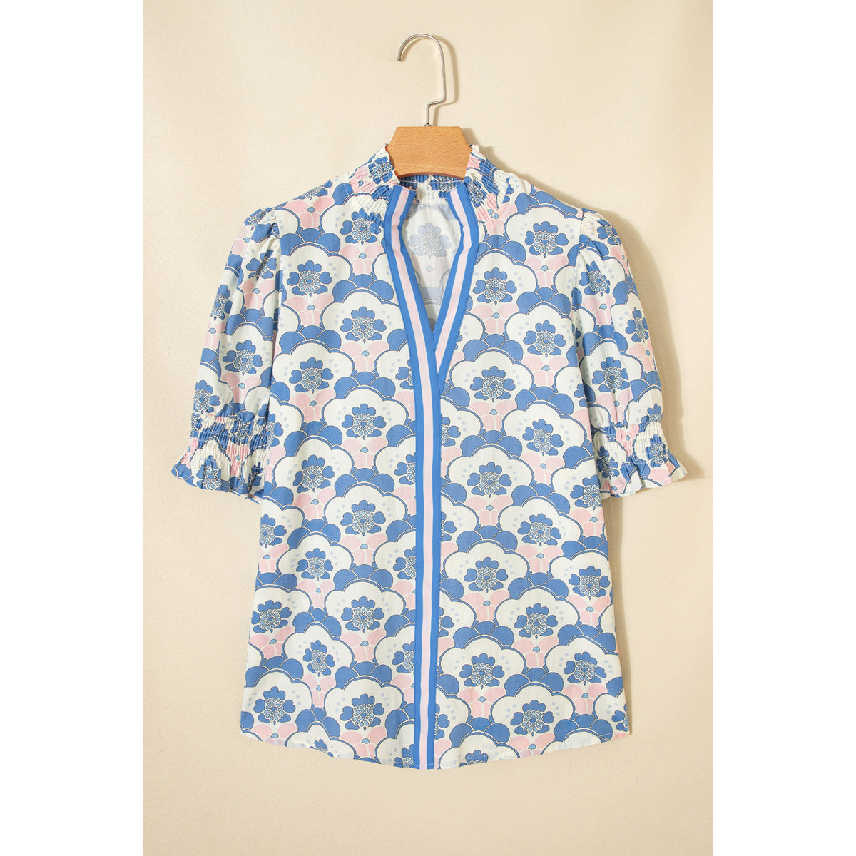 Sky Blue Floral Blouse with Contrast V-Neck Trim in Sky Blue - front view