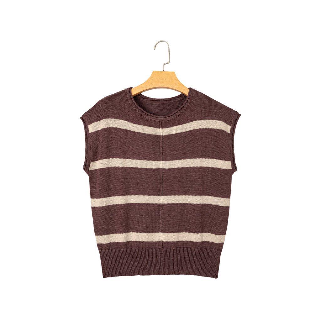 Brown Stripe Short-Sleeve Knit Sweater in Brown Stripe - front view