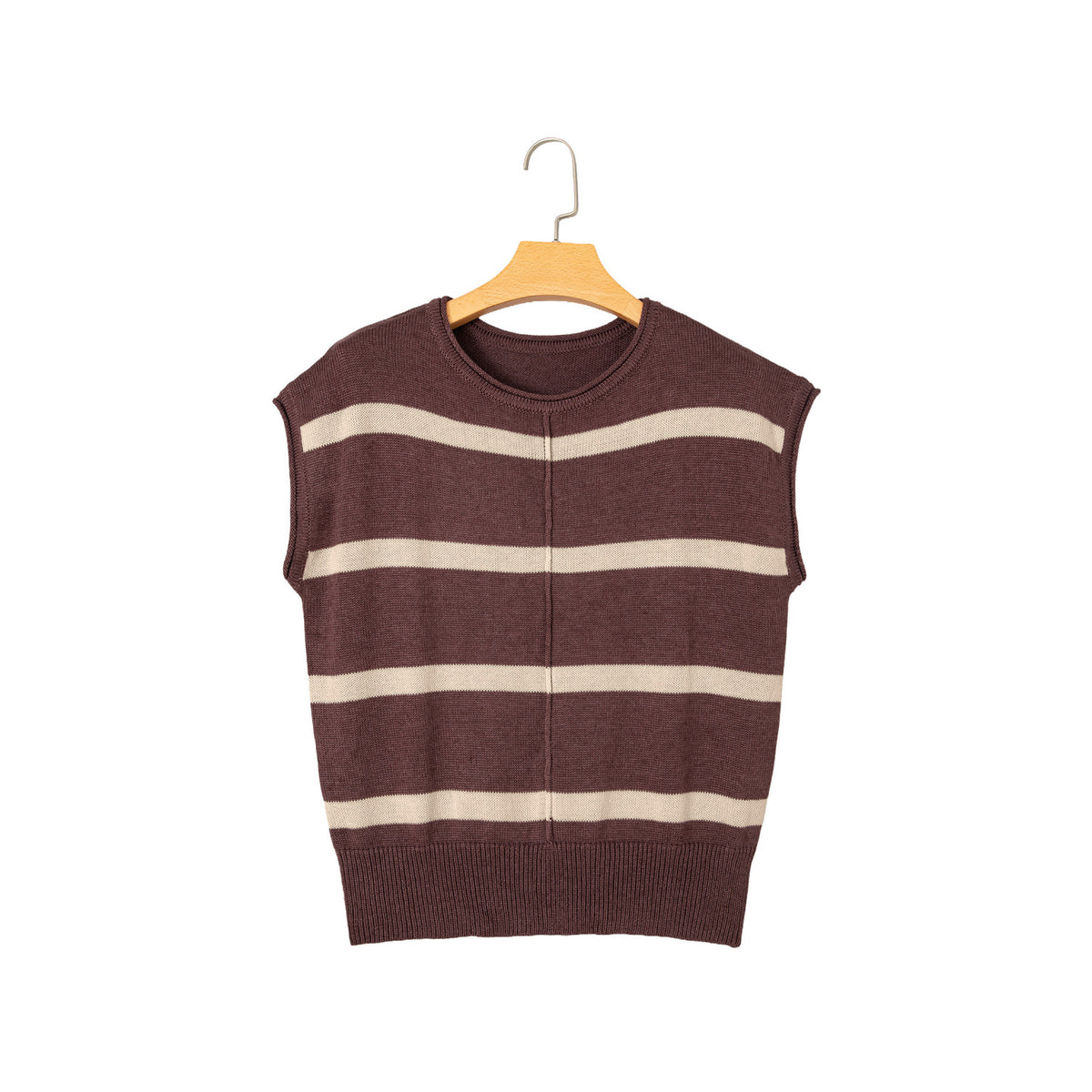 Brown Stripe Short-Sleeve Knit Sweater in Brown Stripe - front view