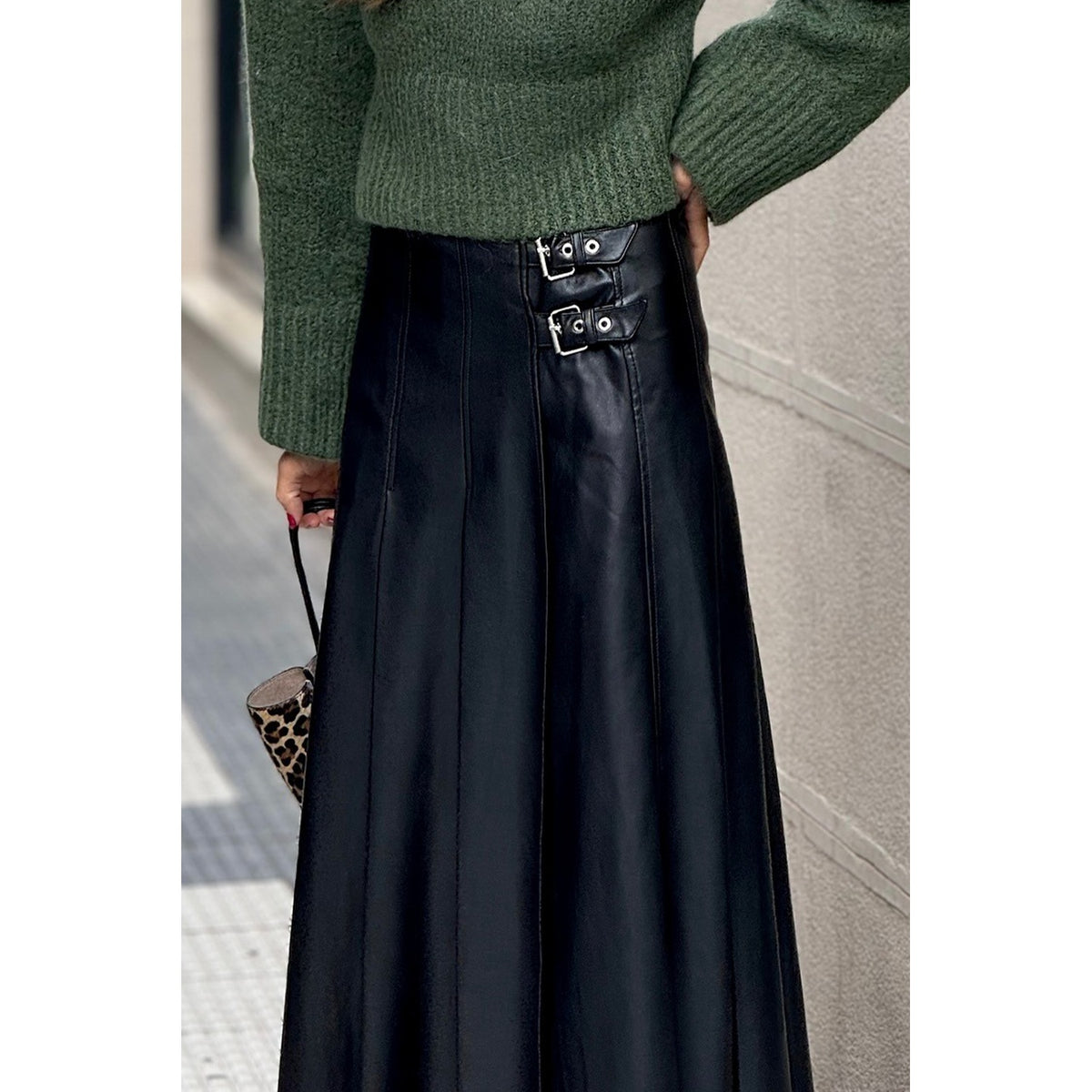 Black Faux-Leather Buckle Midi Skirt in Black - back fit view