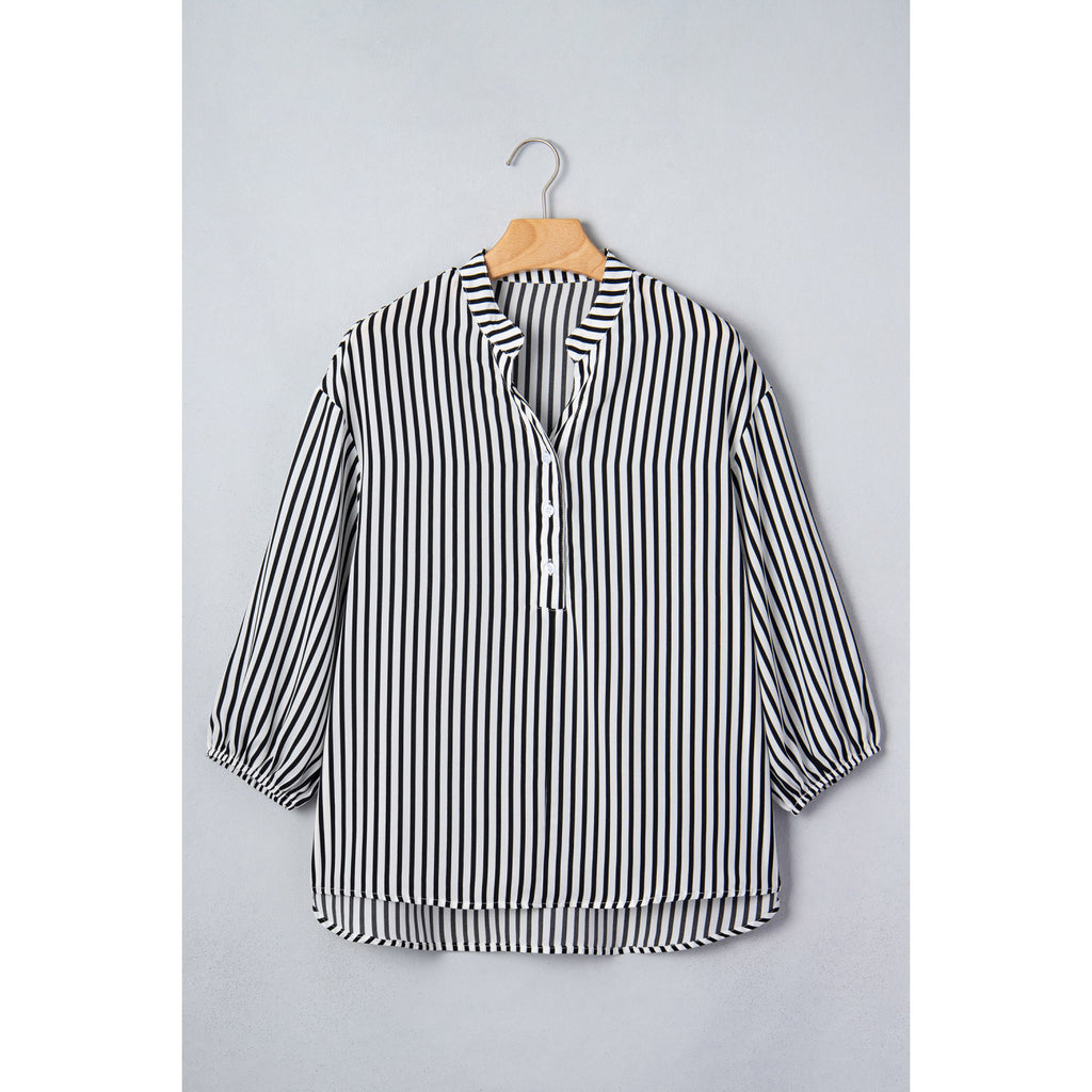 Black Striped Relaxed Half-Sleeve Shirt in Black Stripe - front view