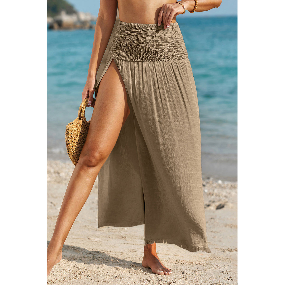 Pale Khaki Shirred-Waist Split Beach Skirt in Pale Khaki - split and movement view