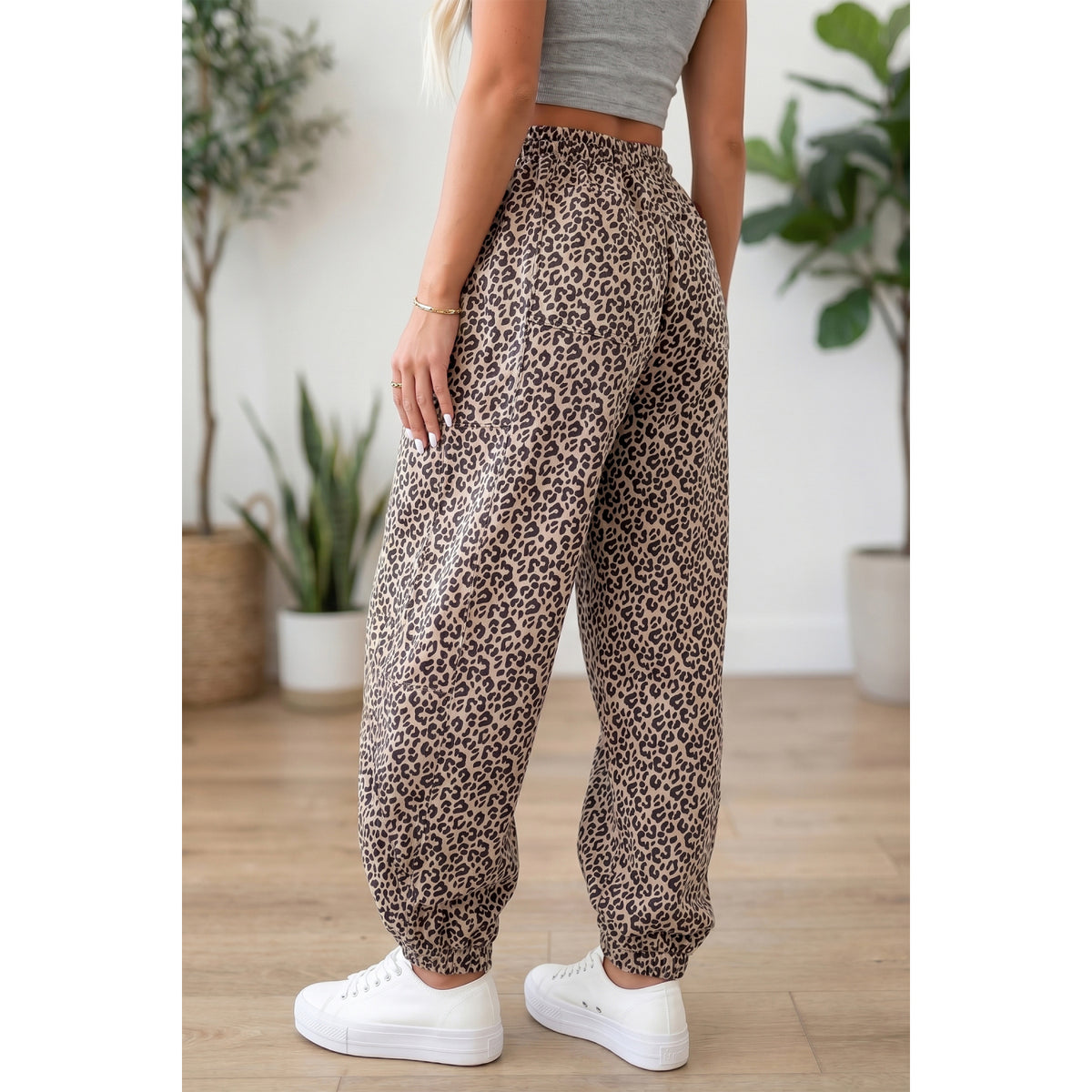 Khaki Leopard Drawstring Ankle Pants in Khaki - back fit view