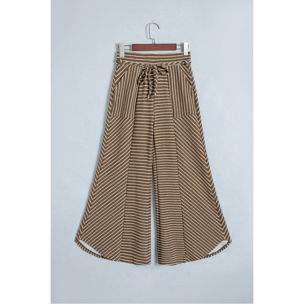 Khaki Striped Patchwork Wide-Leg Pants in Khaki Stripe - front view