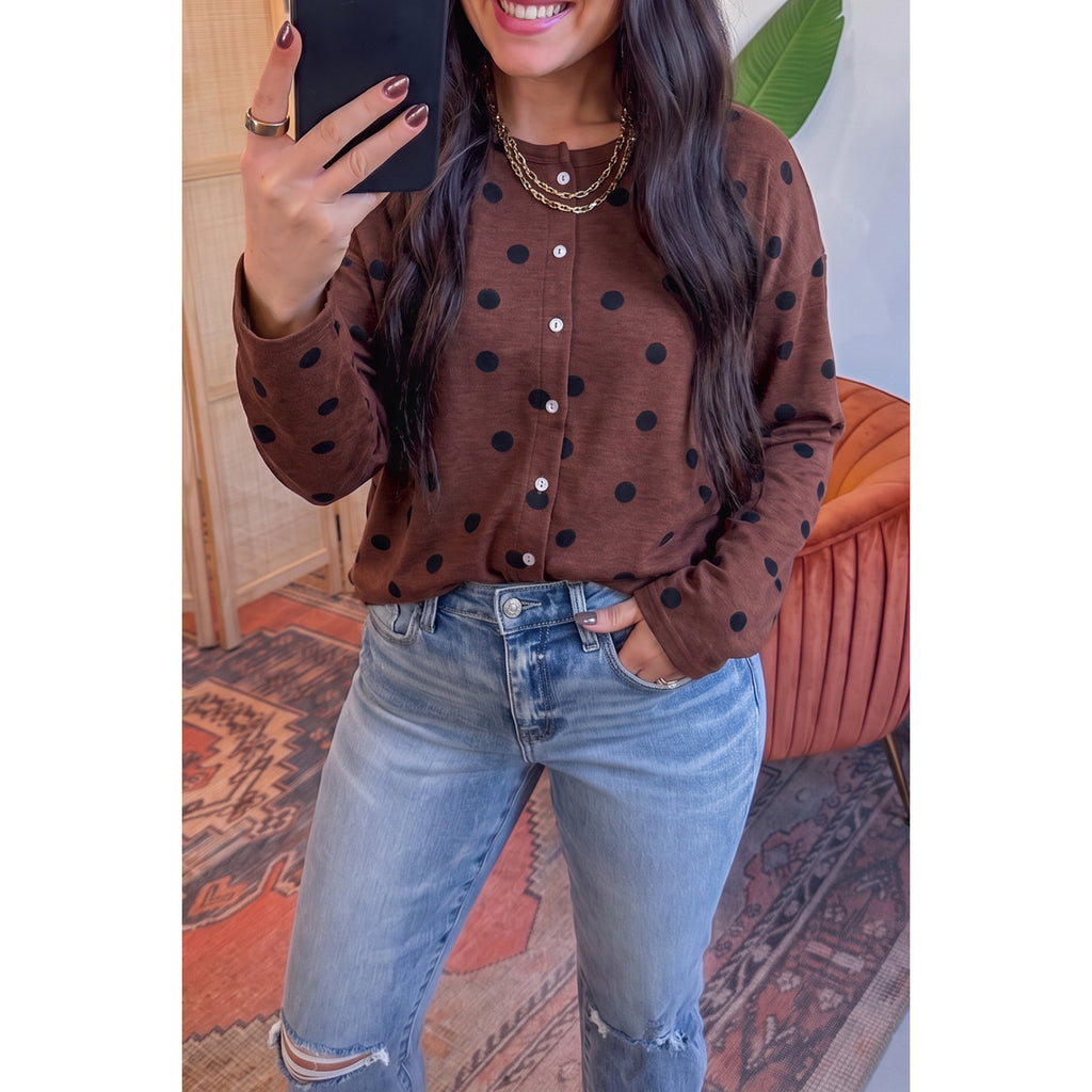Brown Polka-Dot Long-Sleeve Button Shirt in Brown - on-model fit