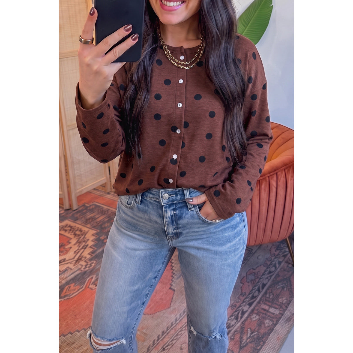 Brown Polka-Dot Long-Sleeve Button Shirt in Brown - on-model fit