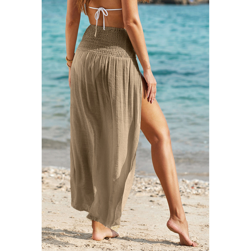 Pale Khaki Shirred-Waist Split Beach Skirt in Pale Khaki - back fit view