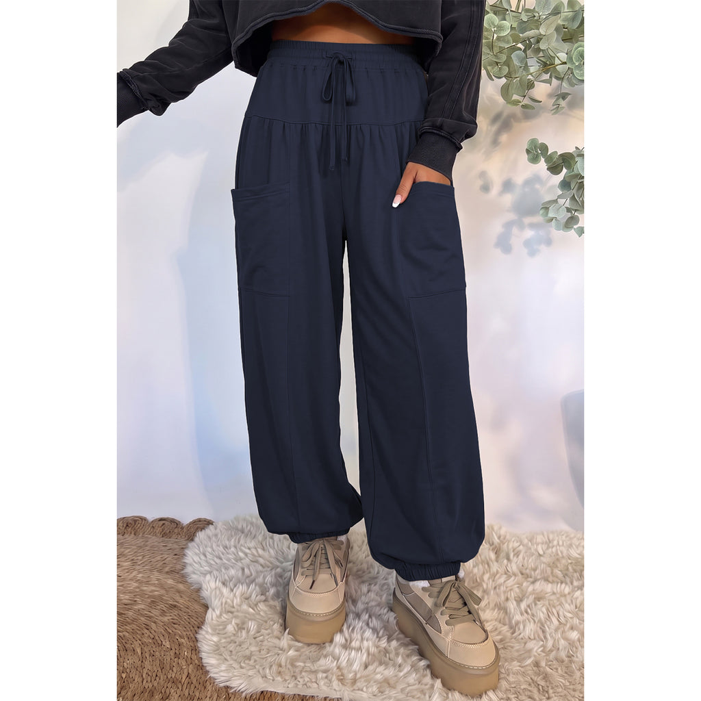 Deep Blue Drawstring Full-Length Casual Pants in Dirty blue - on-model fit