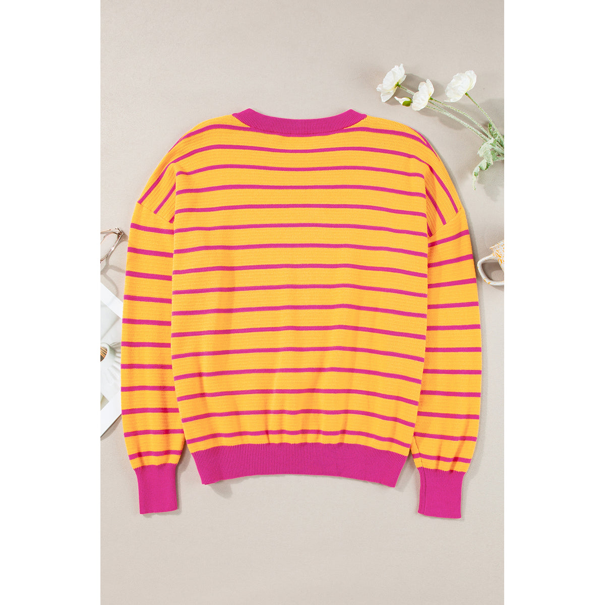 Orange and Rose Stripe Drop-Shoulder Sweater in Orange Stripe - front flat-lay view