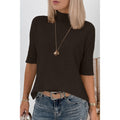 Dark Brown High-Neck Short-Sleeve Sweater in Dark Brown - front fit view