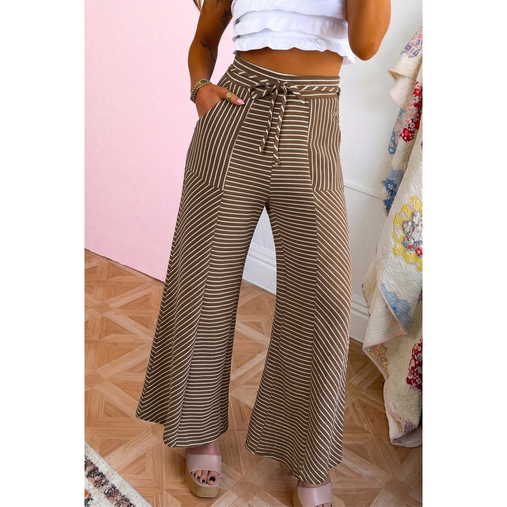 Khaki Striped Patchwork Wide-Leg Pants in Khaki Stripe - on-model fit