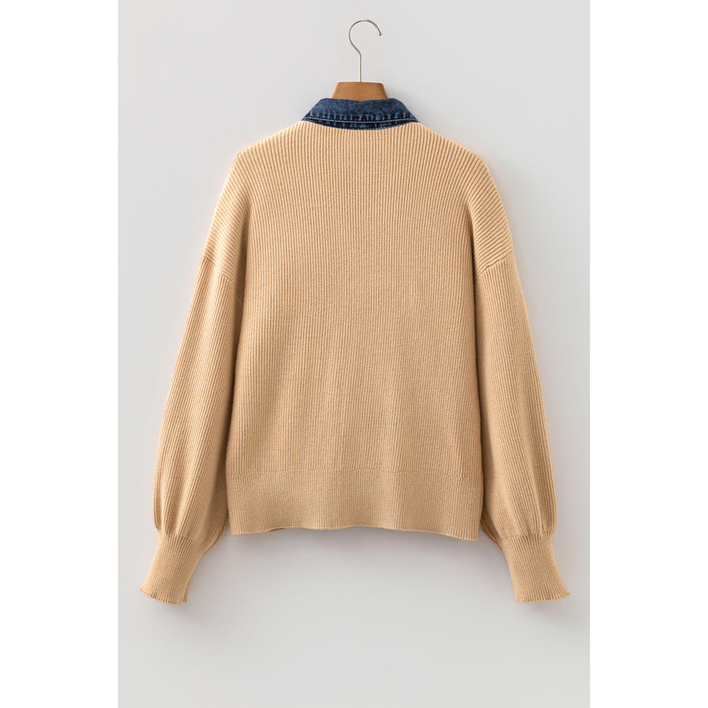 Parchment Knit Cardigan with Contrast Shirt Collar in Parchment - back view