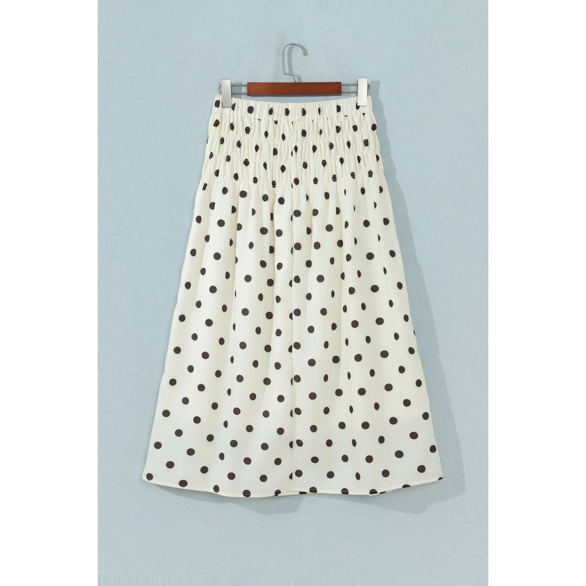 Beige Polka-Dot Smocked-Waist Long Skirt in Beige Stripe - front view