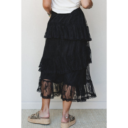 Black Tiered Lace Ruffle Skirt in Black - back fit view