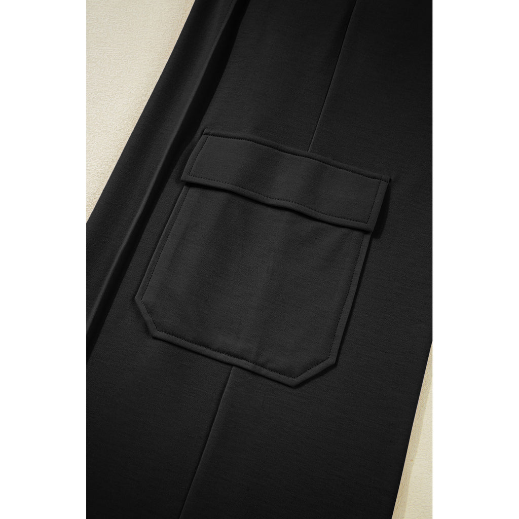 Black Drawstring Cargo Pants with Front Seams in Black - cargo pocket detail