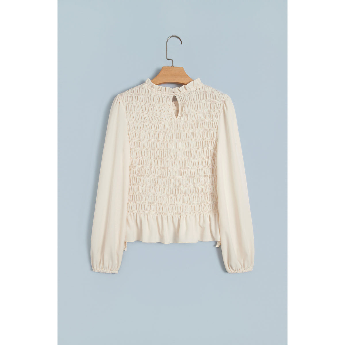 Ivory Smocked Blouse with Balloon Sleeves in Jet Stream - back view
